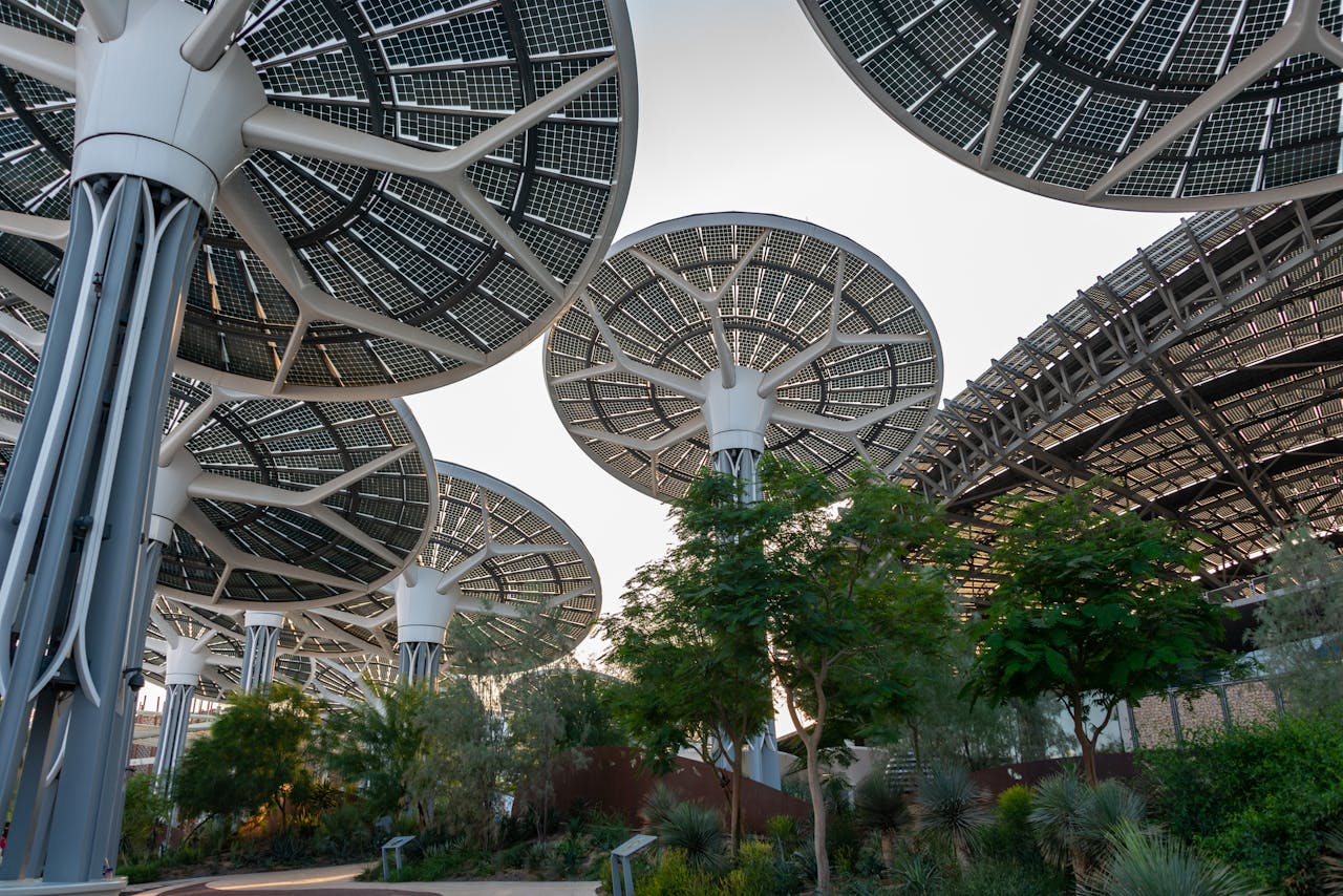 Innovative solar panel structures at Dubais Sustainability Pavilion.